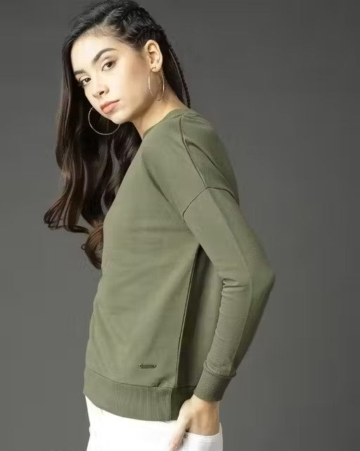 Women Olive Green Solid Sweatshirt