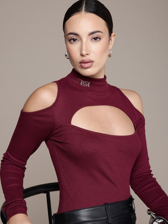 Studded Embellished Off-Shoulder Ribbed Fitted Top