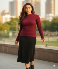 RIB TOP AND SKRIT FULL WINE & BLACK DRESS