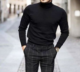 MENS BLACK HIGH NECK RIB KNIT
