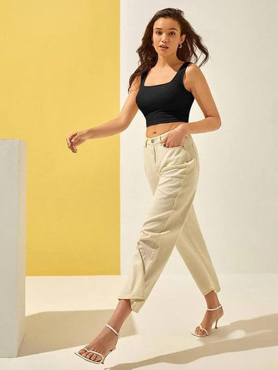 Cotton White Solid Ribbed Square Neck Slim Fit Tank Top for Women's & Girl's (168-White-Small)